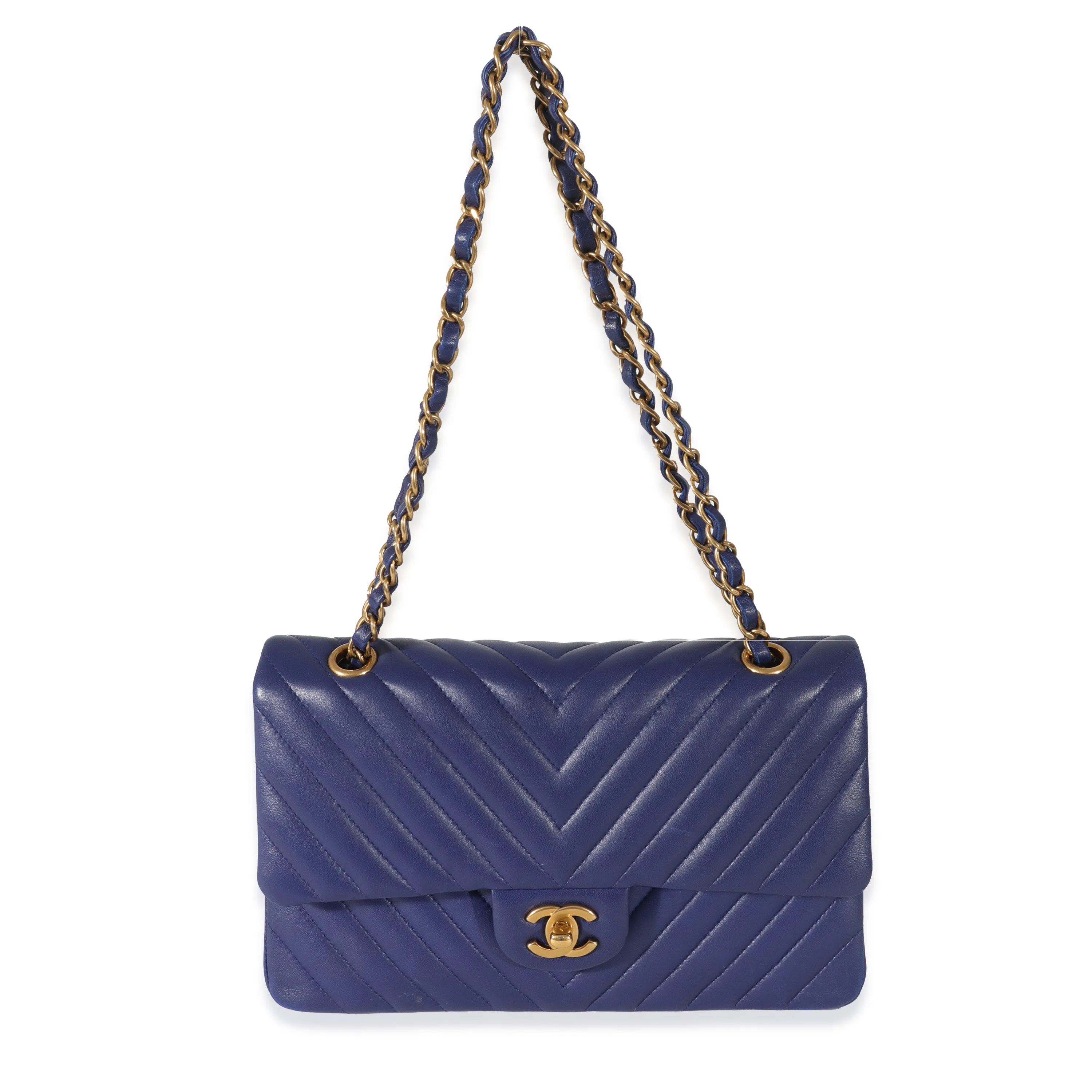 CHANEL Navy Chevron Medium Classic Double Flap