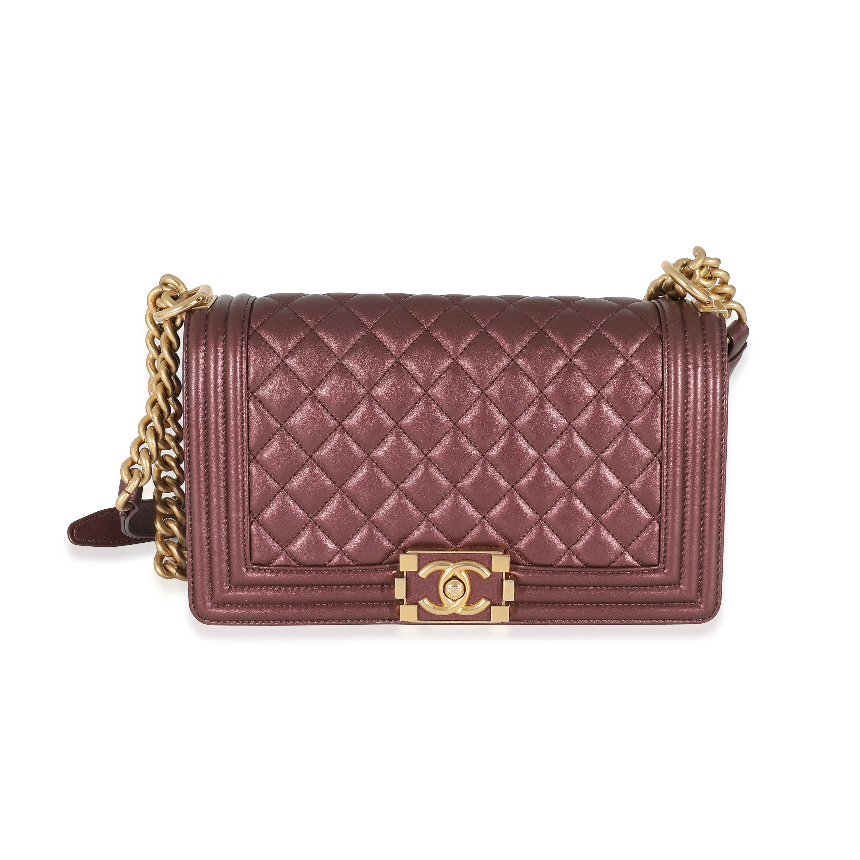 CHANEL Purple Metallic Lambskin Medium Boy Bag