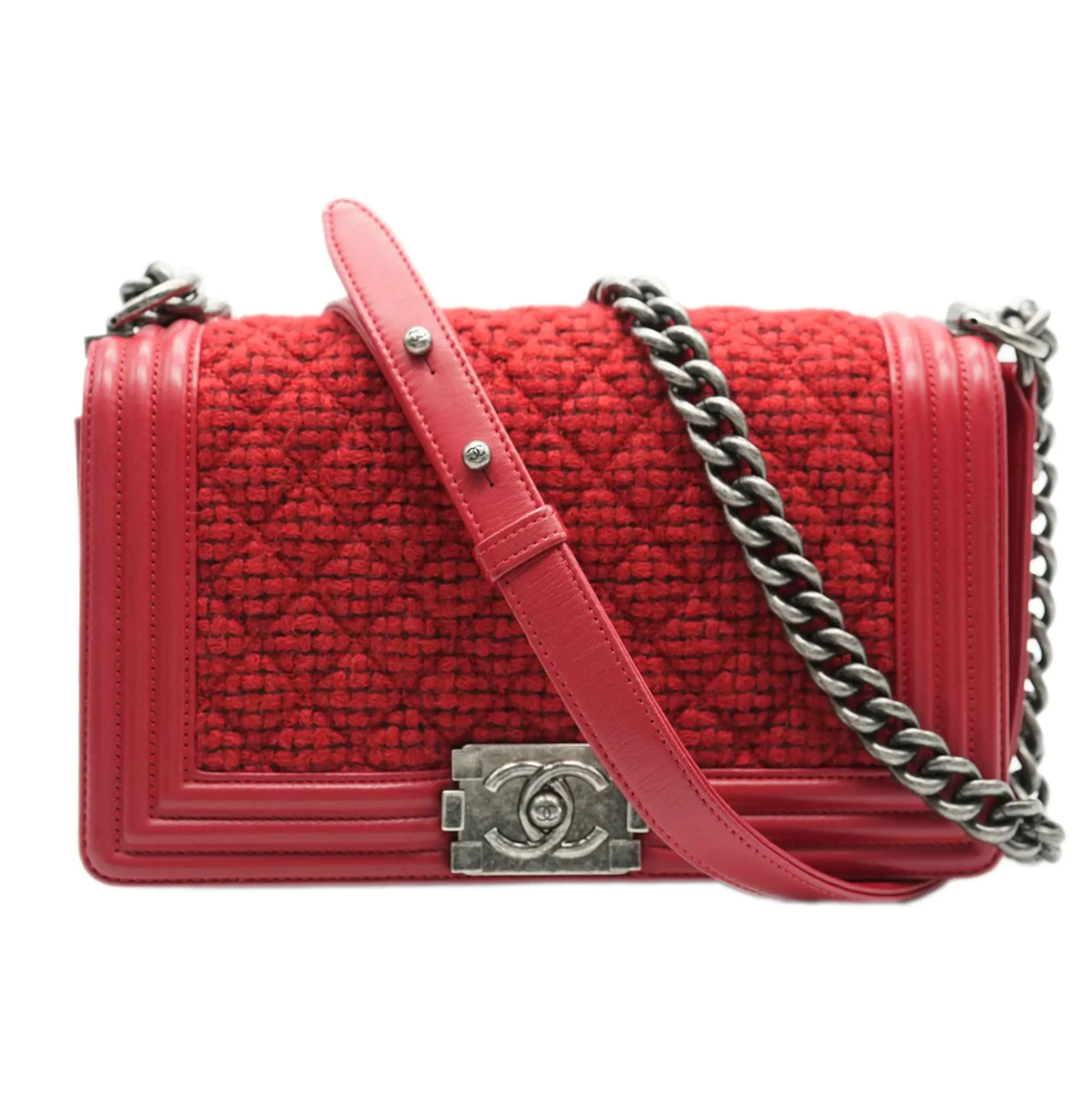 CHANEL Red Quilted Tweed Lambskin Old Medium Boy Bag