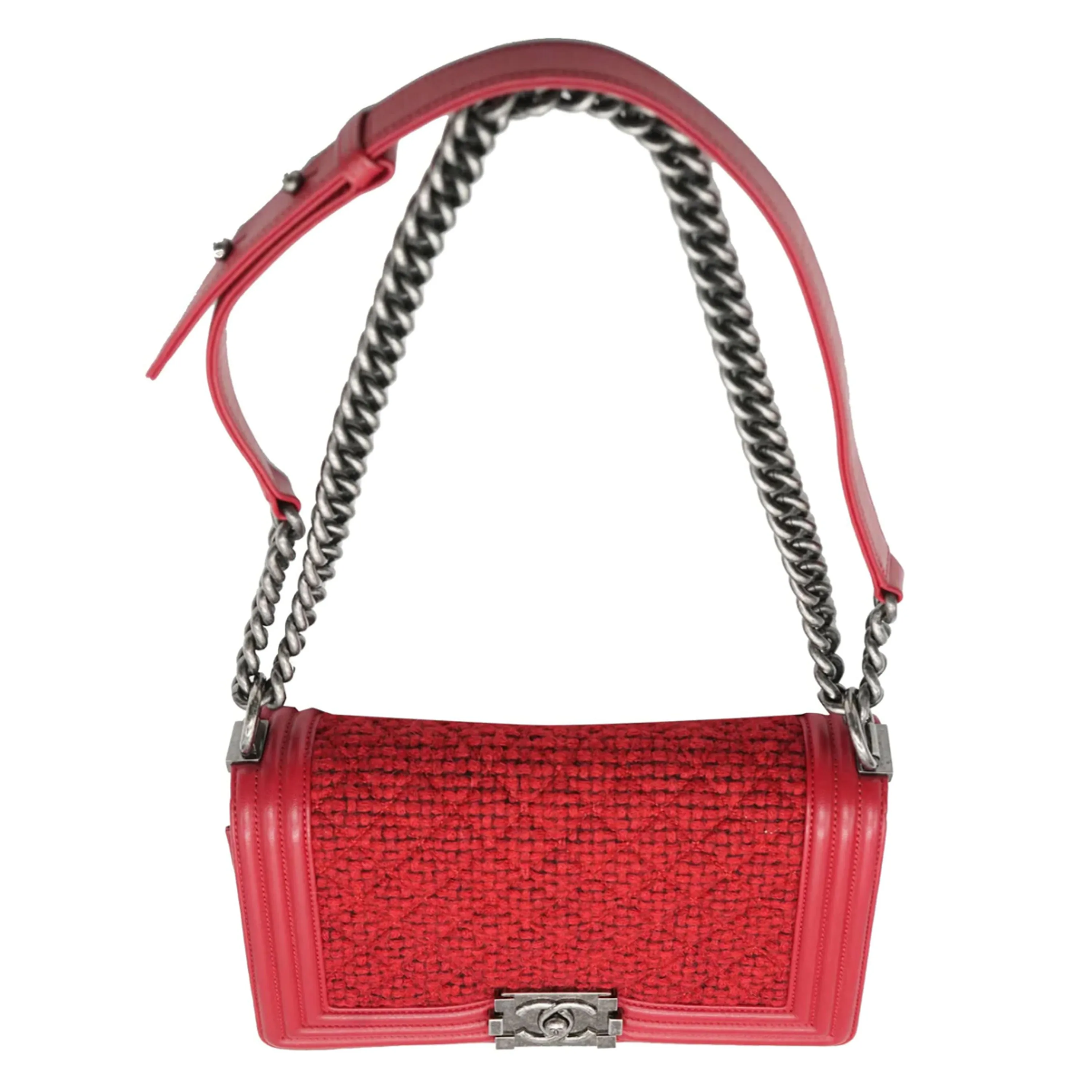CHANEL Red Quilted Tweed Lambskin Old Medium Boy Bag