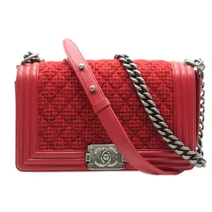 CHANEL Red Quilted Tweed Lambskin Old Medium Boy Bag