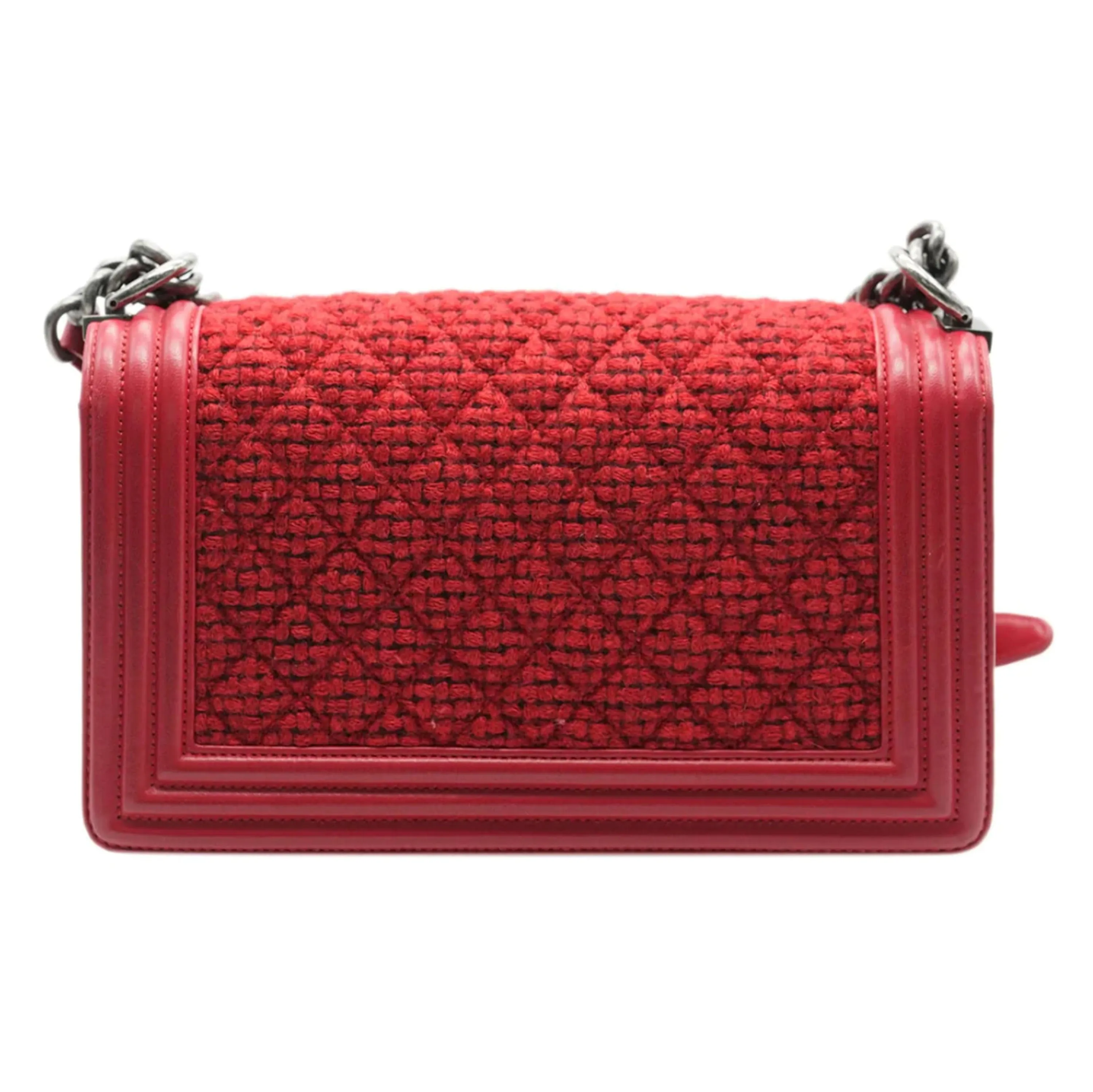 CHANEL Red Quilted Tweed Lambskin Old Medium Boy Bag