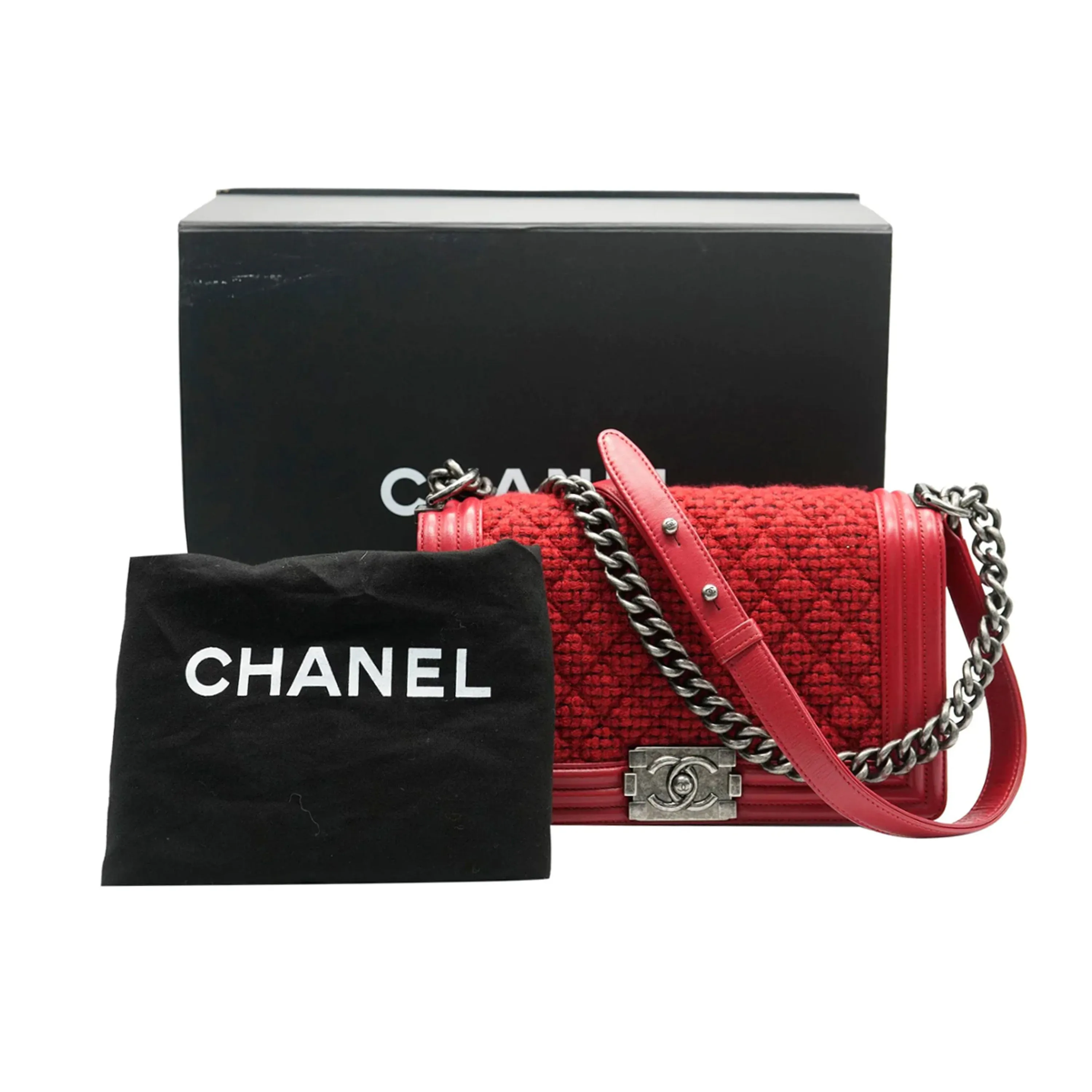 CHANEL Red Quilted Tweed Lambskin Old Medium Boy Bag