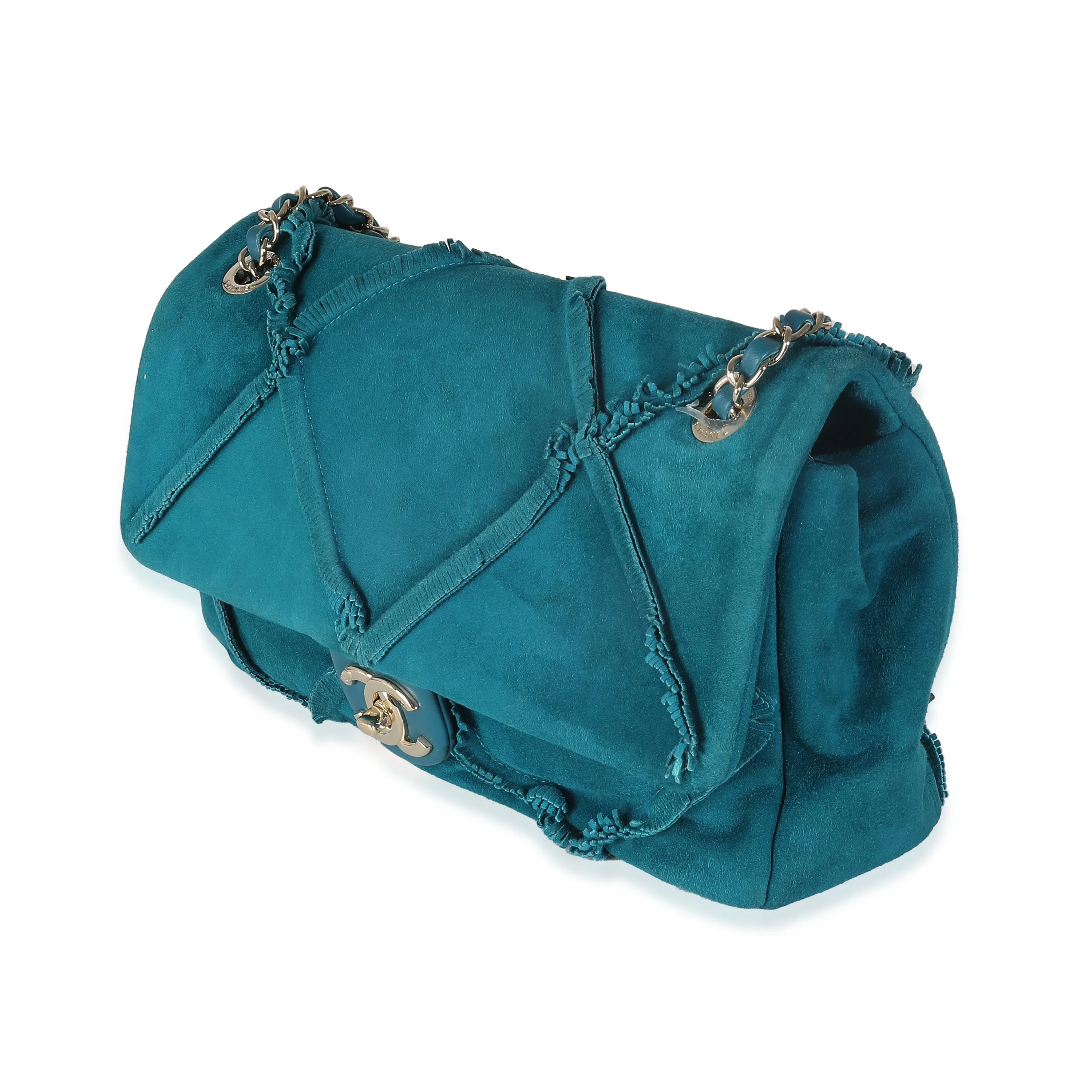 CHANEL Teal Suede Goatskin Diamond Fringe Medium Flap Bag
