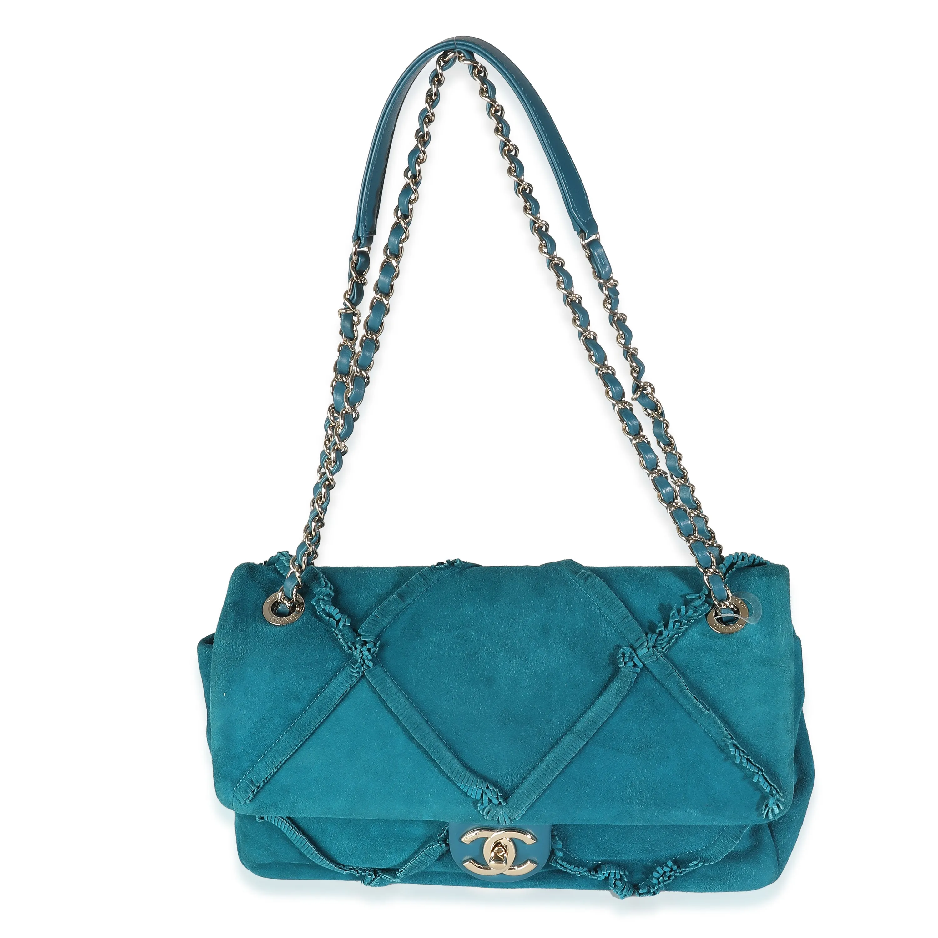 CHANEL Teal Suede Goatskin Diamond Fringe Medium Flap Bag