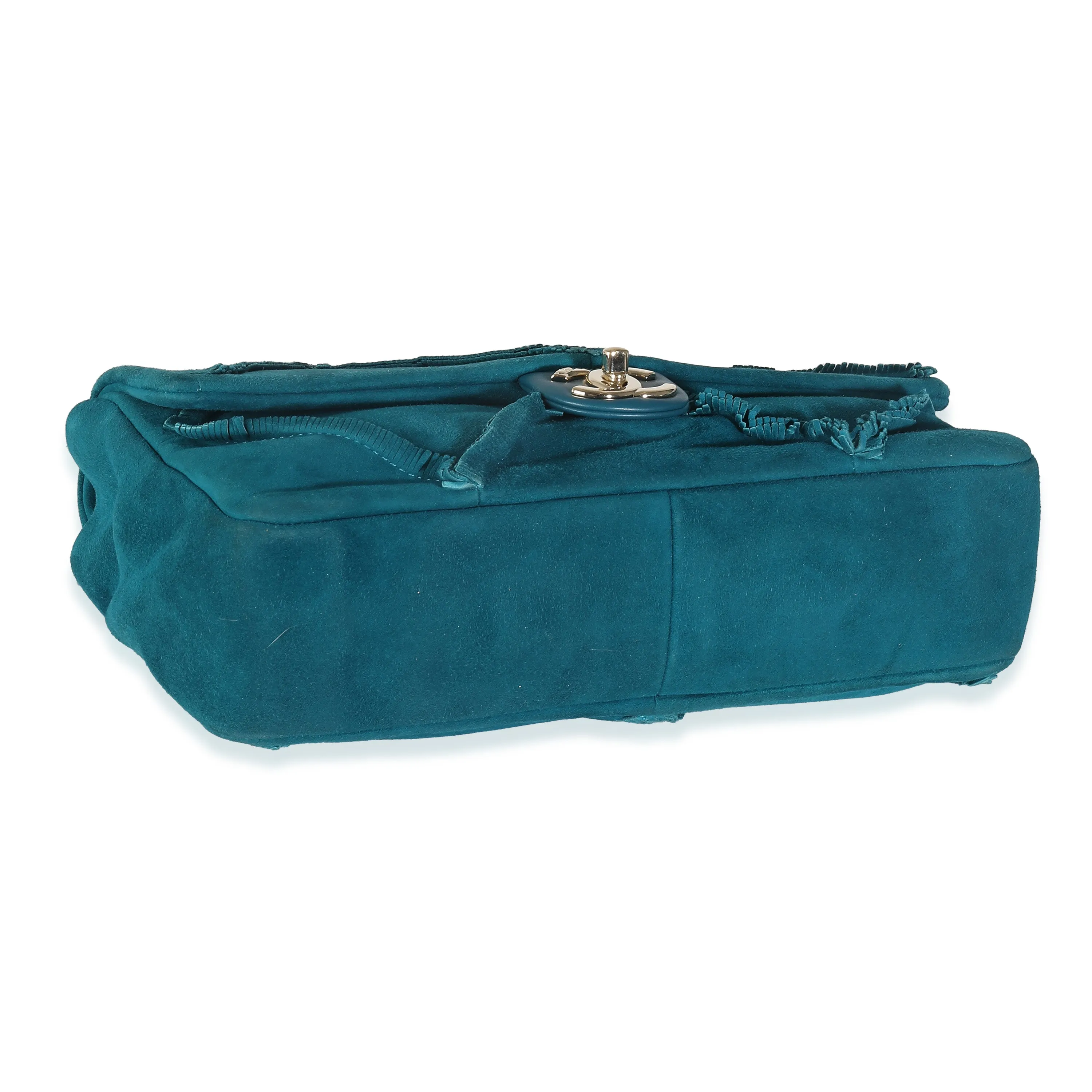 CHANEL Teal Suede Goatskin Diamond Fringe Medium Flap Bag