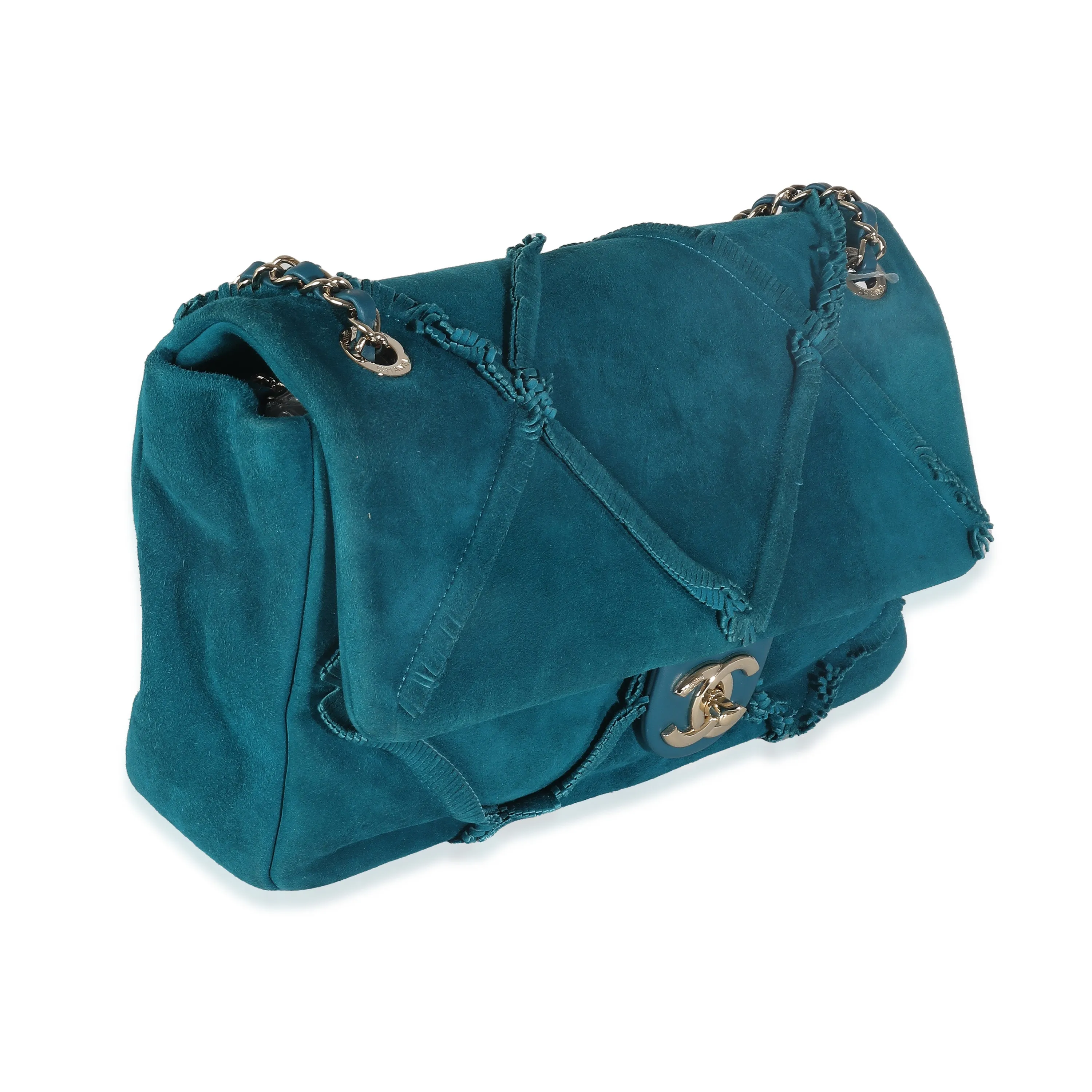 CHANEL Teal Suede Goatskin Diamond Fringe Medium Flap Bag