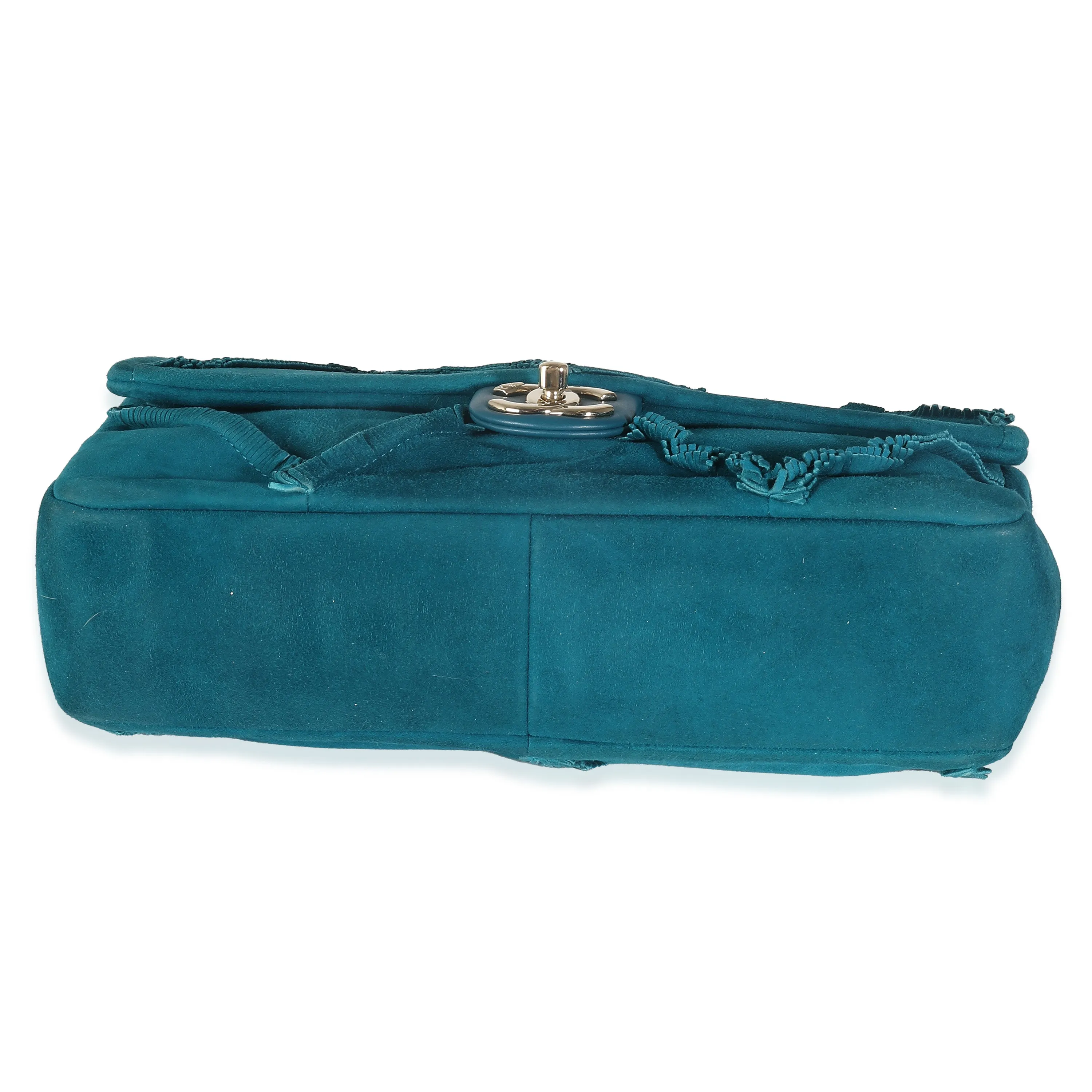 CHANEL Teal Suede Goatskin Diamond Fringe Medium Flap Bag