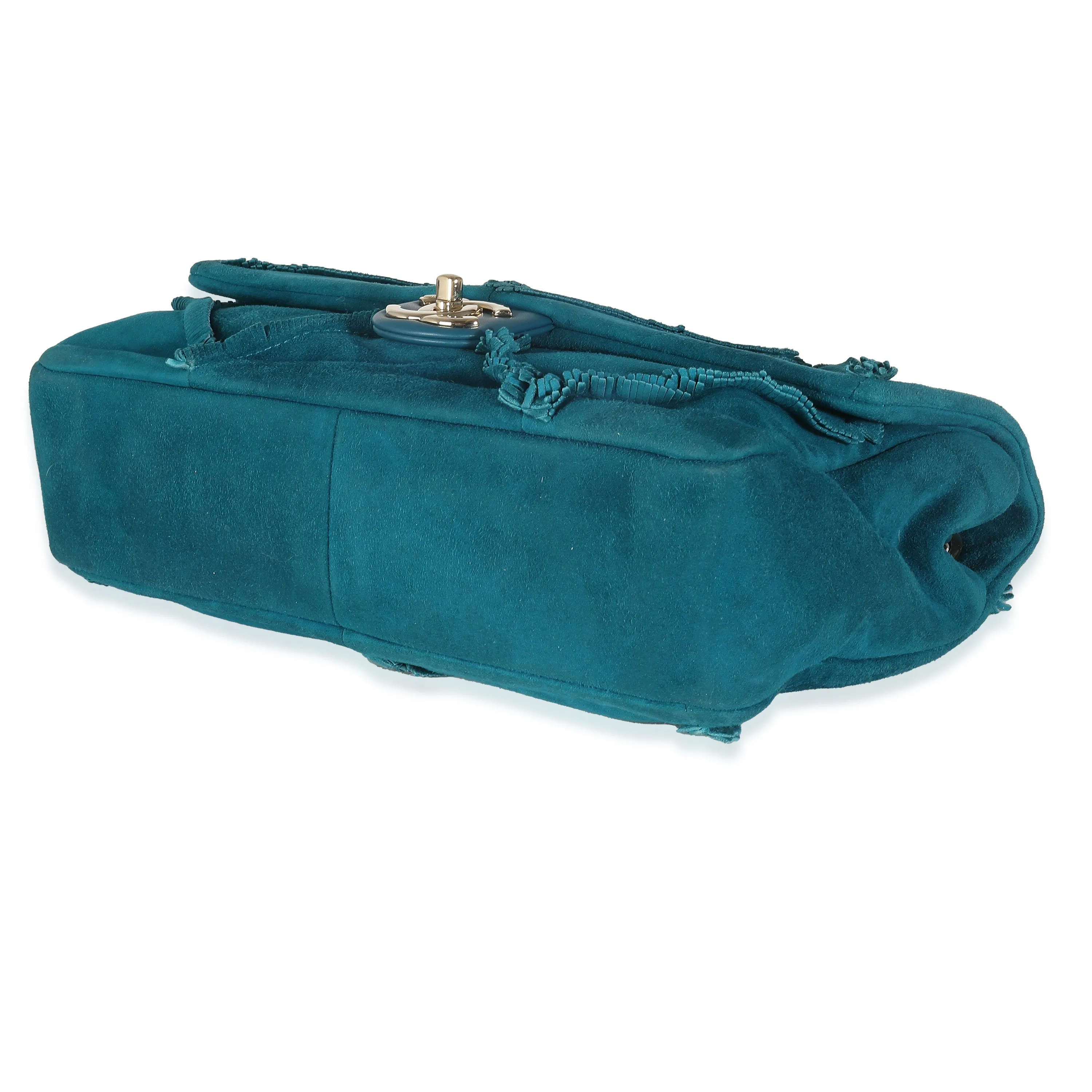 CHANEL Teal Suede Goatskin Diamond Fringe Medium Flap Bag