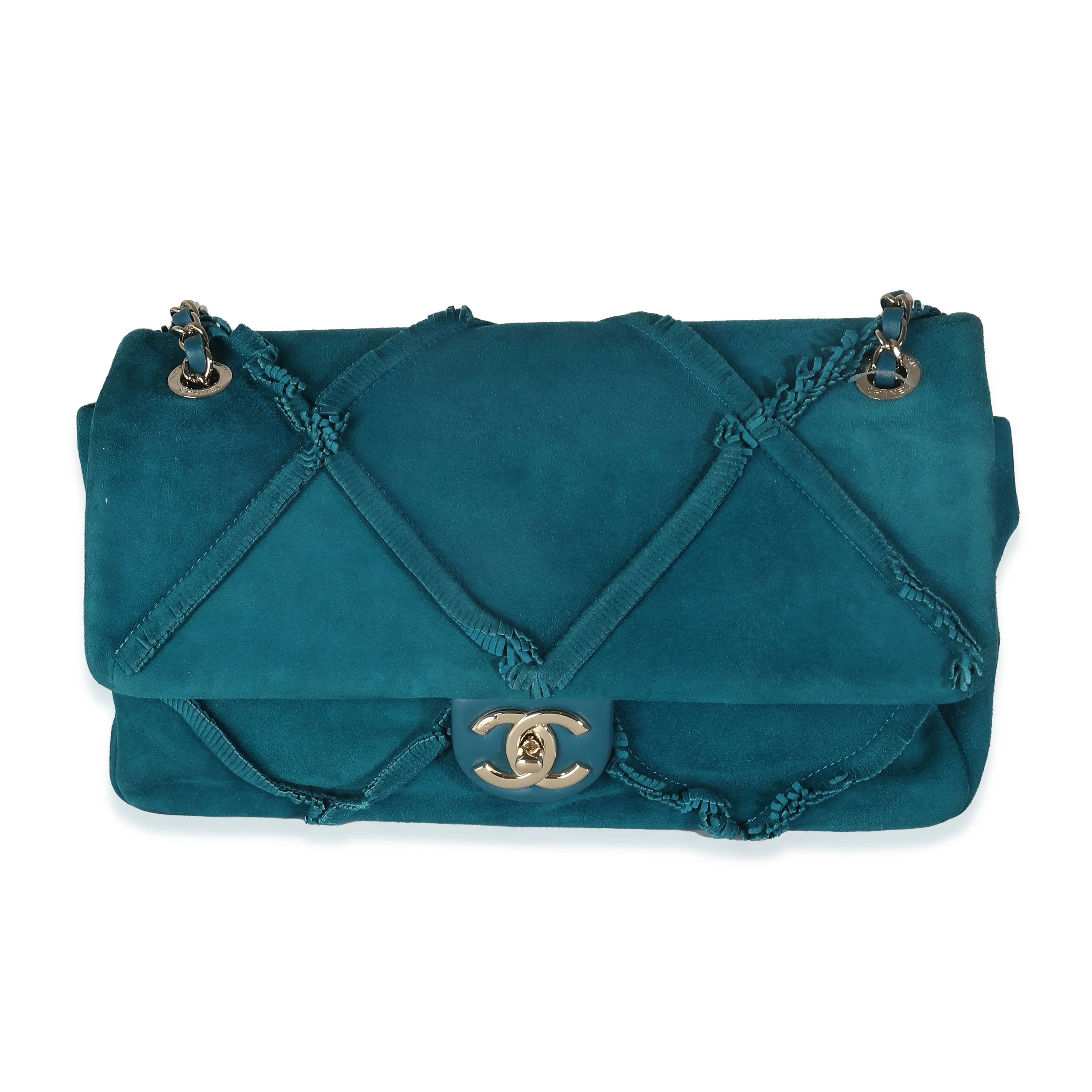 CHANEL Teal Suede Goatskin Diamond Fringe Medium Flap Bag