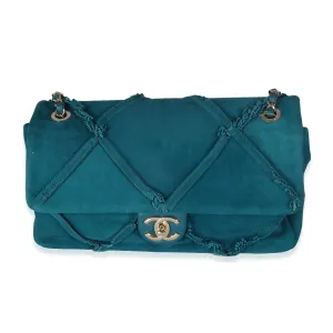 CHANEL Teal Suede Goatskin Diamond Fringe Medium Flap Bag
