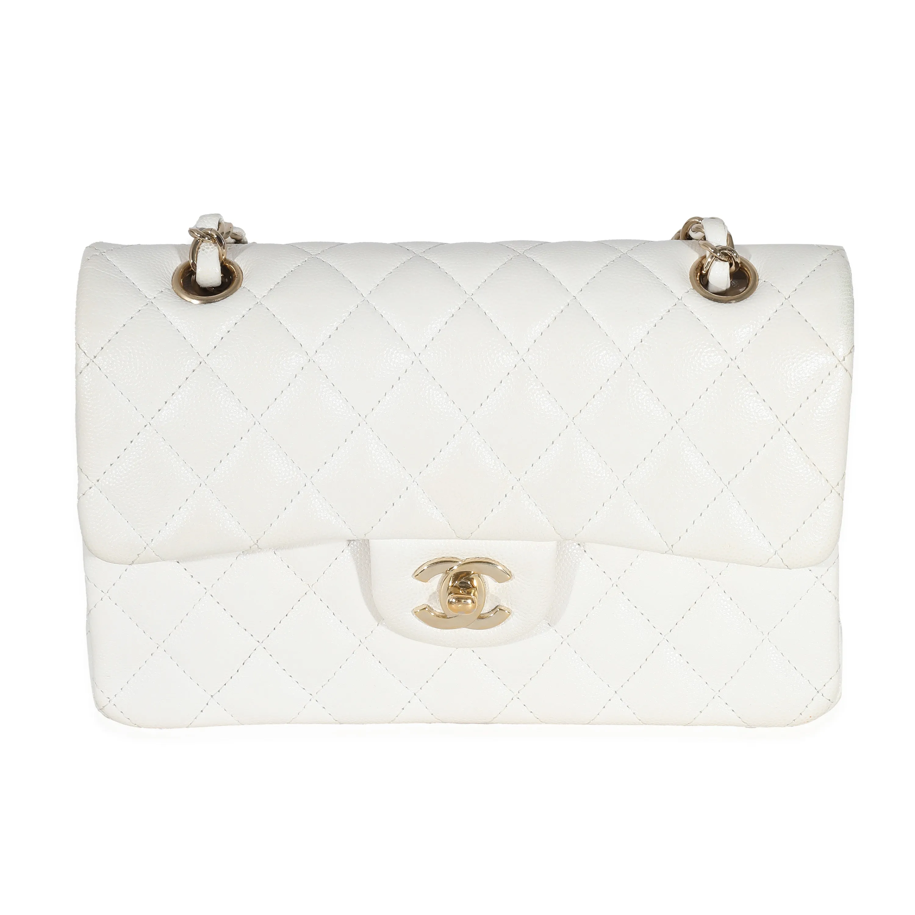 CHANEL White Quilted Caviar Small Classic Double Flap Bag