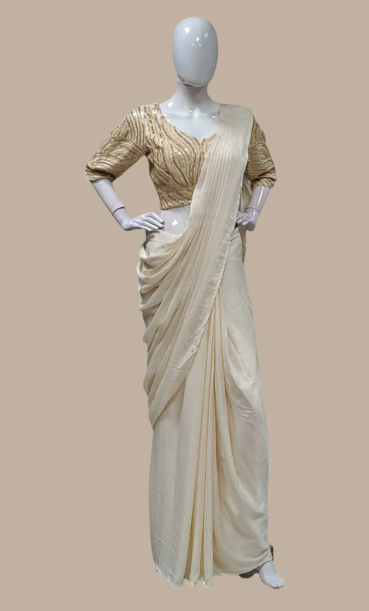 Cream Ready Sari With Ready Made Blouse