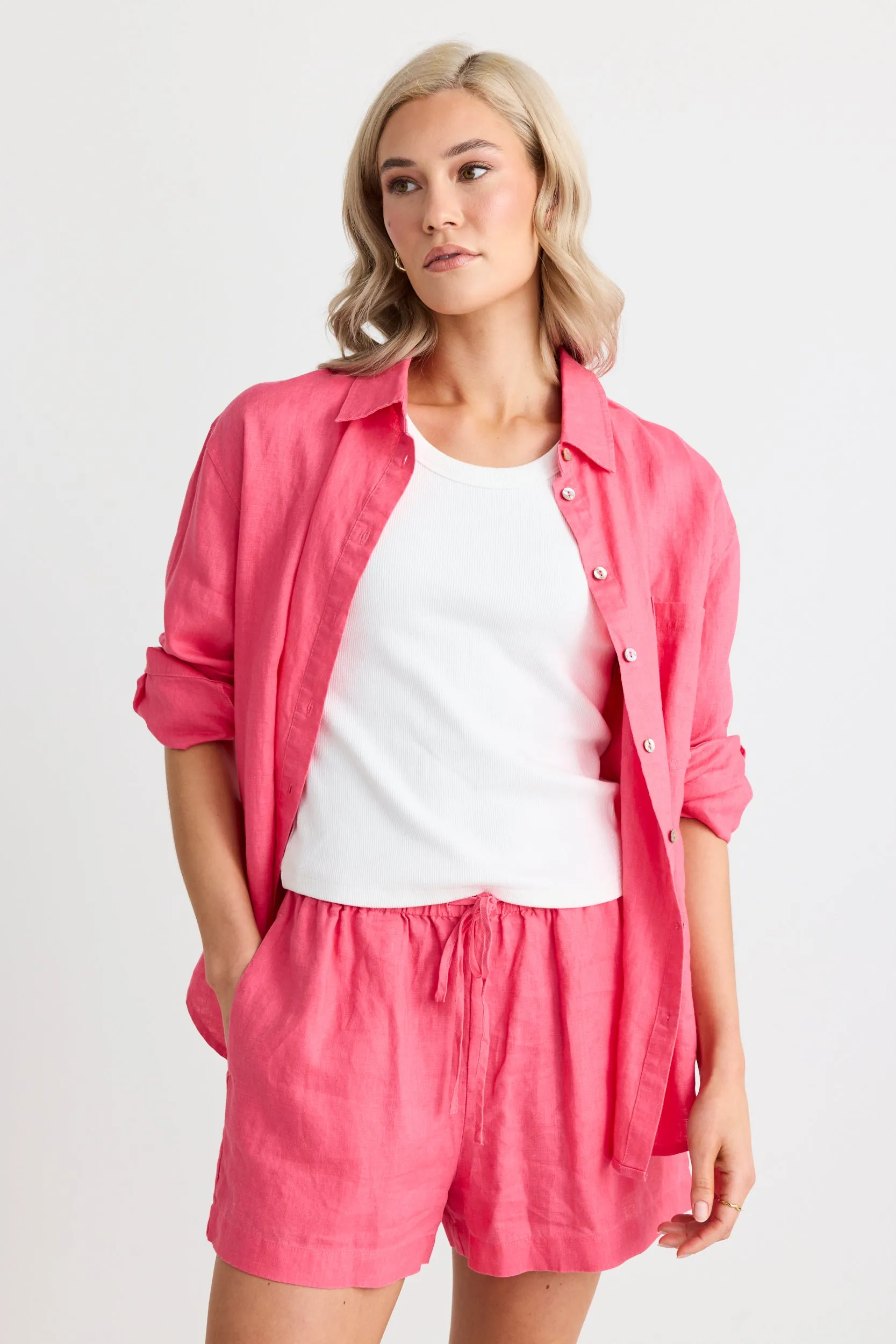Drift Fuchsia Linen Pull On Shorts