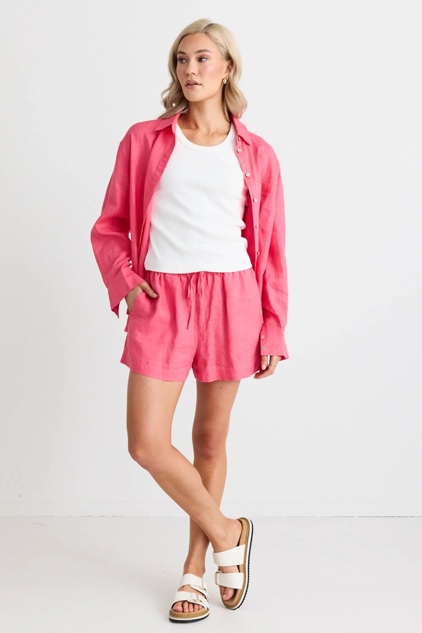 Drift Fuchsia Linen Pull On Shorts