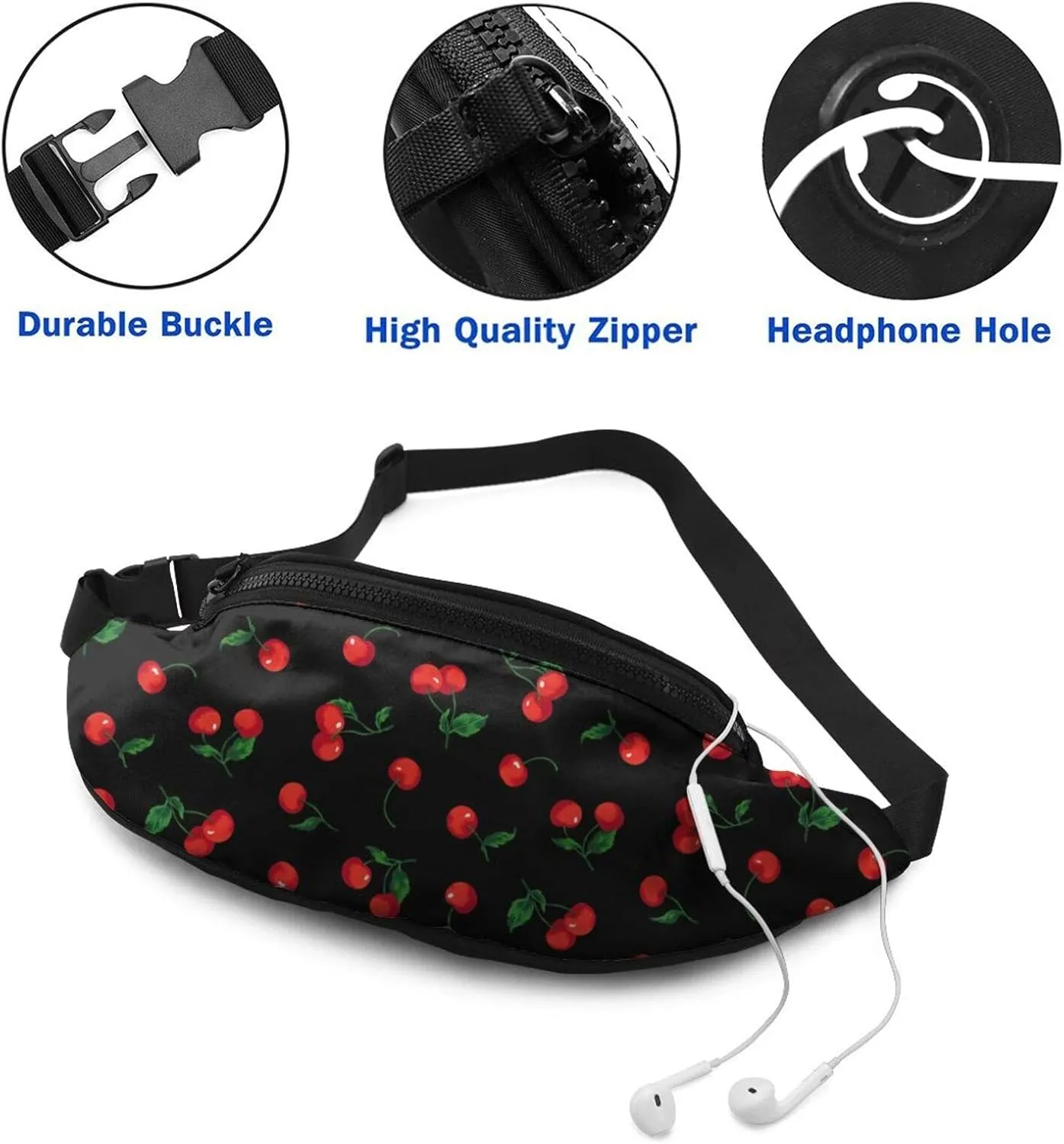 Dujiea Fanny Pack, Cherry Waist Bag With Headphone Hole Belt Bag Adjustable Sling Pocket Fashion Hip Bum Bag For Women Men Kids Outdoors Casual Travelling Hiking Cycling