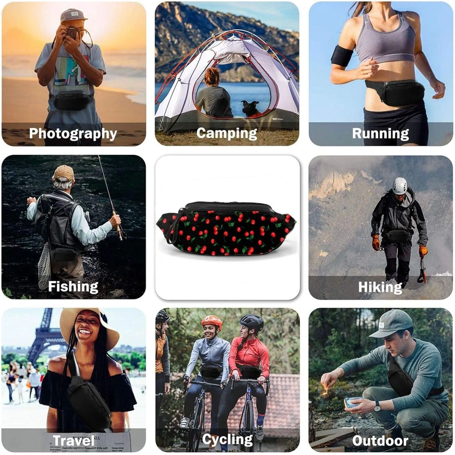 Dujiea Fanny Pack, Cherry Waist Bag With Headphone Hole Belt Bag Adjustable Sling Pocket Fashion Hip Bum Bag For Women Men Kids Outdoors Casual Travelling Hiking Cycling