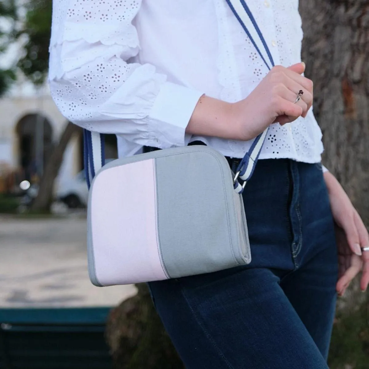 Earth Squared - Robin Cross Body Bag - Provence Canvas - Pink & White - 22x18x6cms