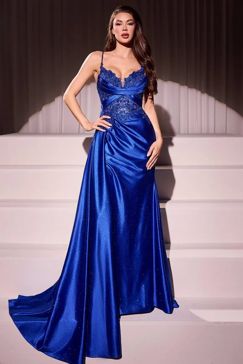 FITTED SATIN & LACE EVENING GOWN CDCDS524