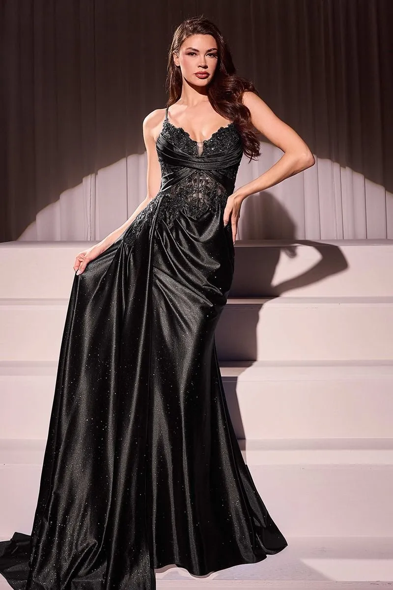 FITTED SATIN & LACE EVENING GOWN CDCDS524