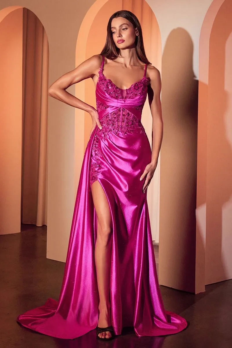 FITTED SATIN & LACE EVENING GOWN CDCDS524