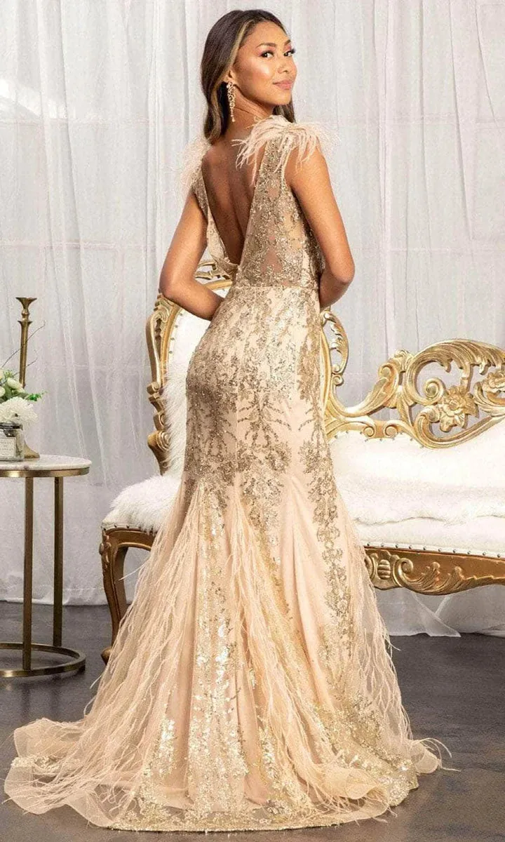 GLS BY GLORIA GL1983 Feathered Glitter Mermaid Evening Dress