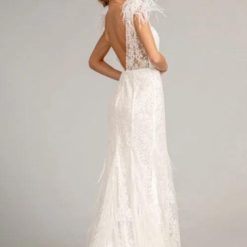 GLS BY GLORIA GL1983 Feathered Glitter Mermaid Evening Dress
