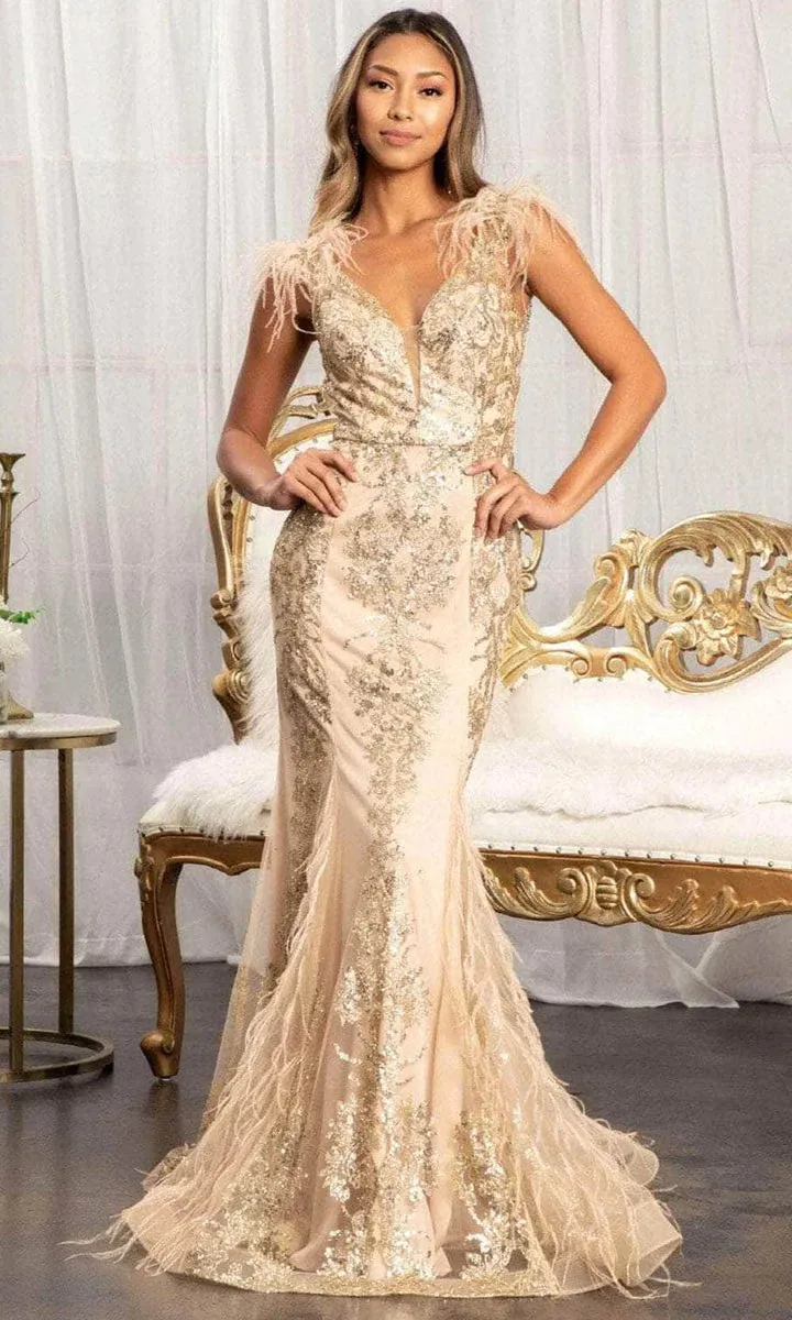 GLS BY GLORIA GL1983 Feathered Glitter Mermaid Evening Dress