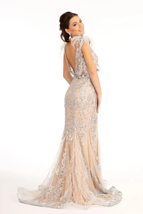 GLS BY GLORIA GL1983 Feathered Glitter Mermaid Evening Dress