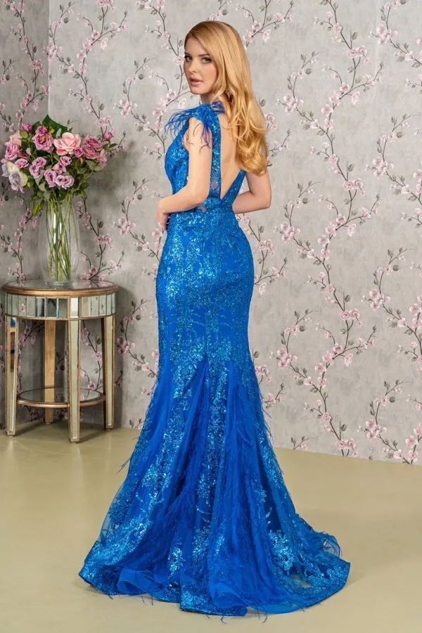 GLS BY GLORIA GL1983 Feathered Glitter Mermaid Evening Dress