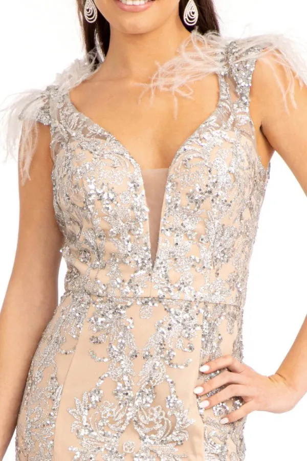 GLS BY GLORIA GL1983 Feathered Glitter Mermaid Evening Dress