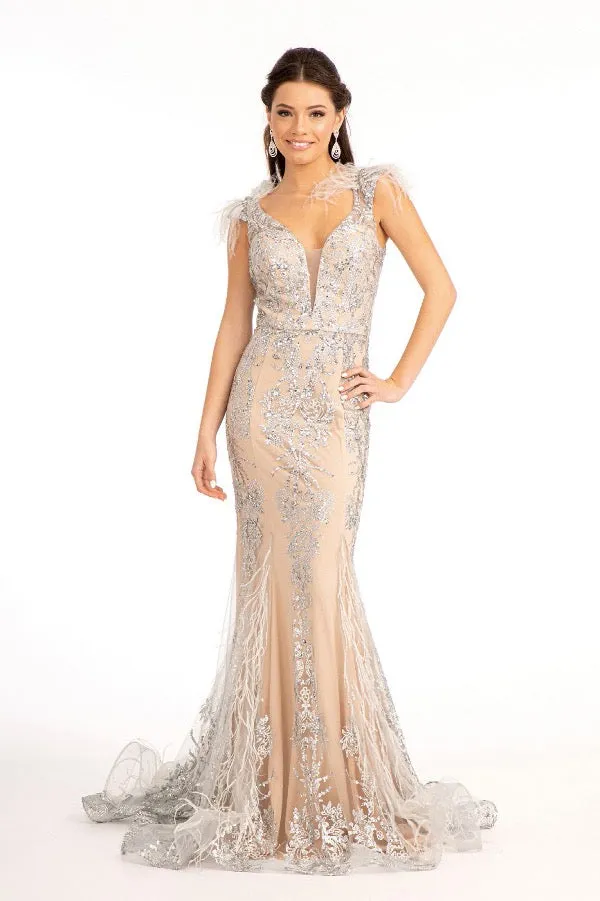 GLS BY GLORIA GL1983 Feathered Glitter Mermaid Evening Dress