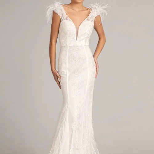 GLS BY GLORIA GL1983 Feathered Glitter Mermaid Evening Dress