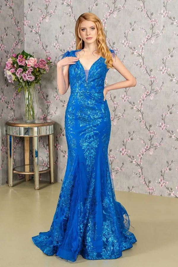 GLS BY GLORIA GL1983 Feathered Glitter Mermaid Evening Dress