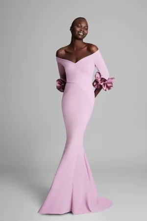 Greta Constantine - Donie Gown: Elegant V-Neck Ruffle Cuff with Train