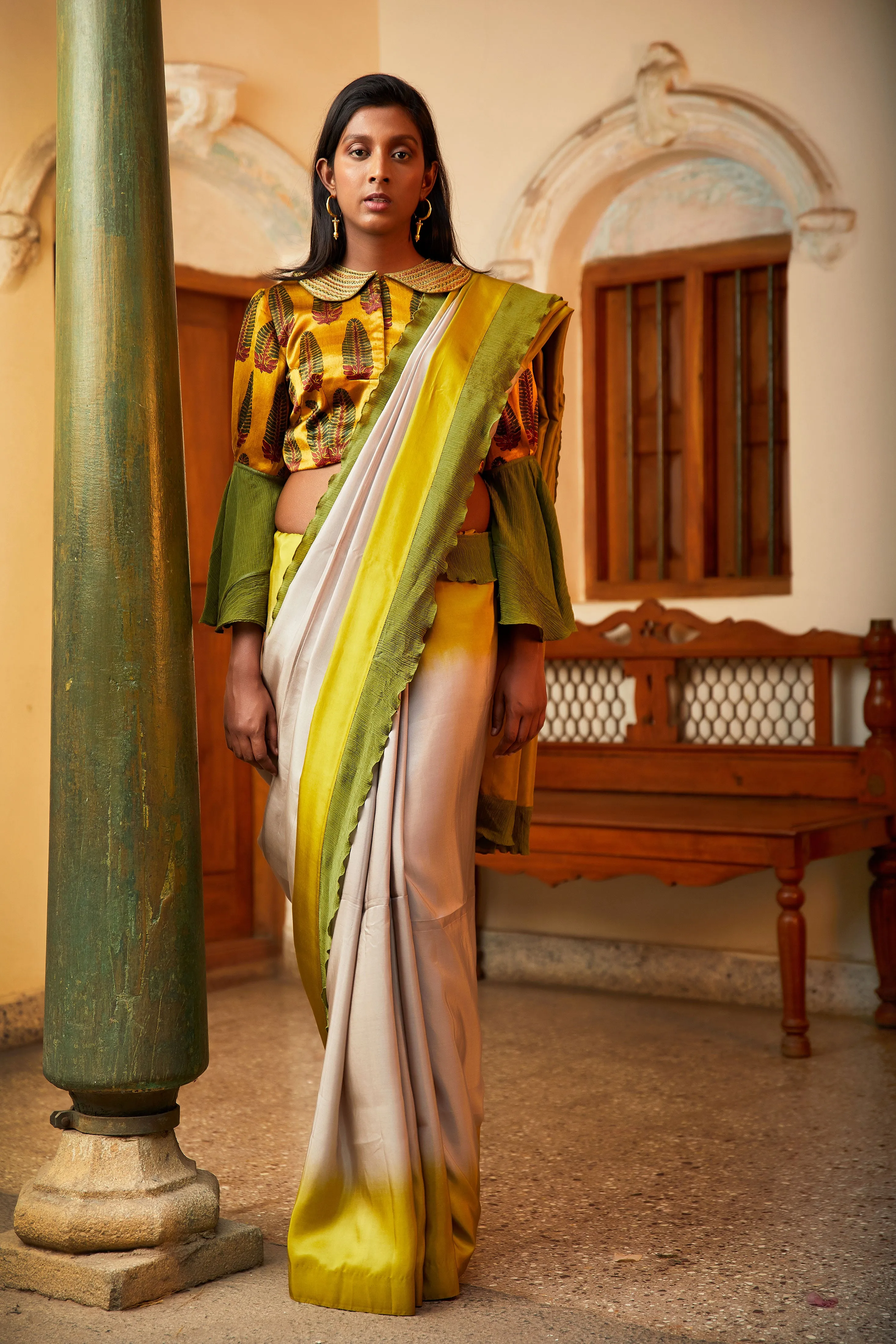 Grey & Green silk Saree