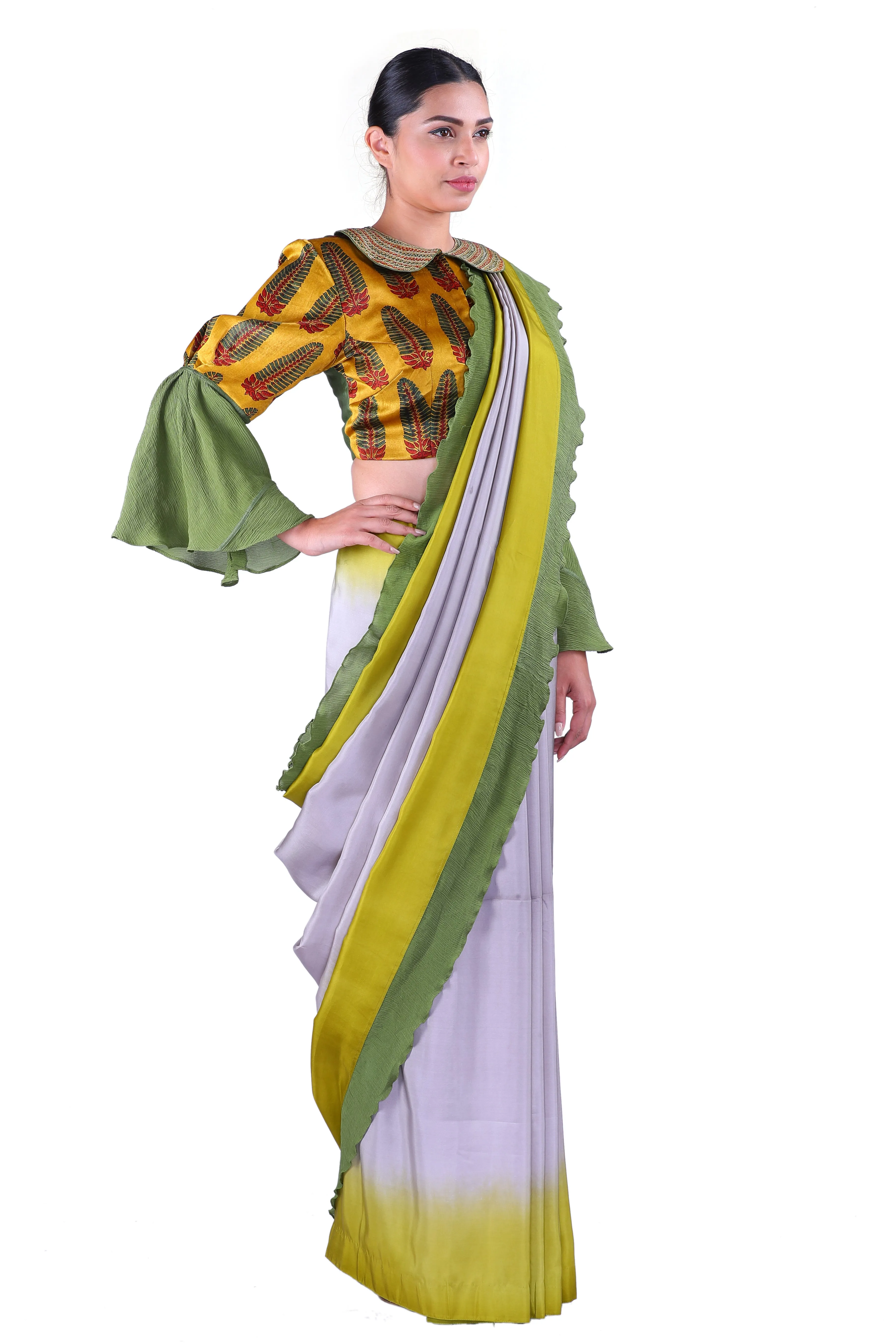Grey & Green silk Saree