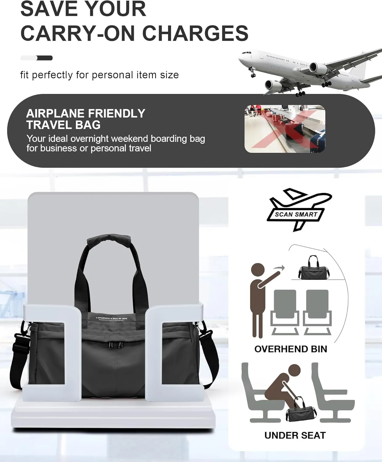 Gym Bag for Women Men with Shoe Compartment, Sport Duffel Bag, Waterproof Travel Weekender Overnight Carry on Bag for Yoga with Trolley Sleeve, Grey
