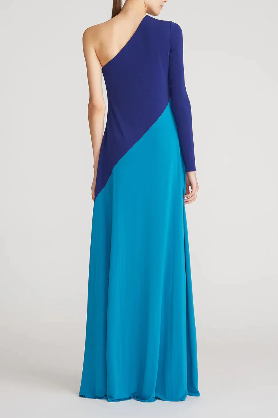 Halston one shoulder long sleeve color blocked jersey gown