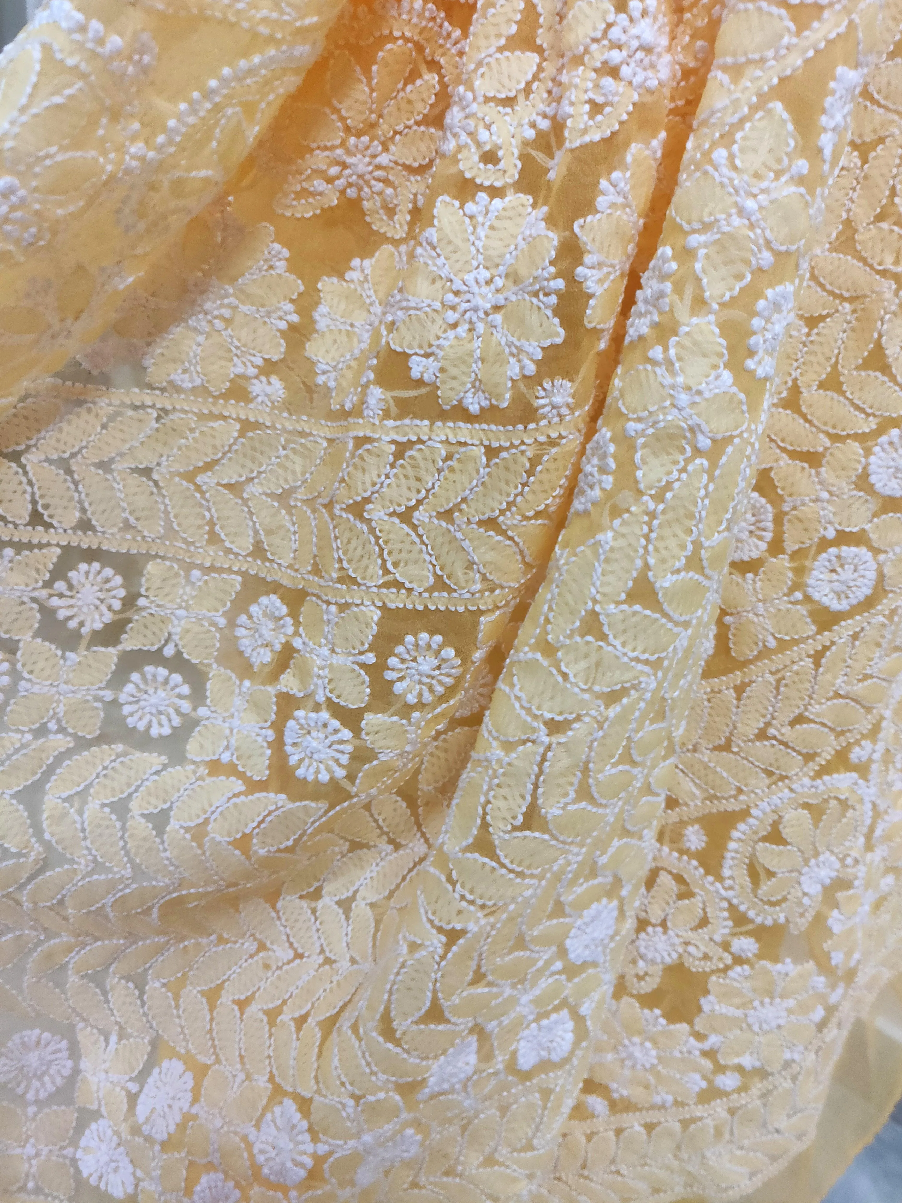 Hand Embroidered Heavy Chikankari Yellow Chiffon Saree CK24