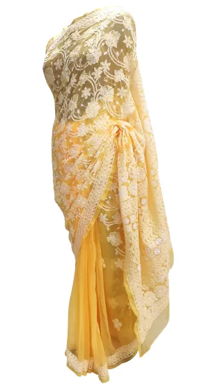 Hand Embroidered Heavy Chikankari Yellow Chiffon Saree CK24