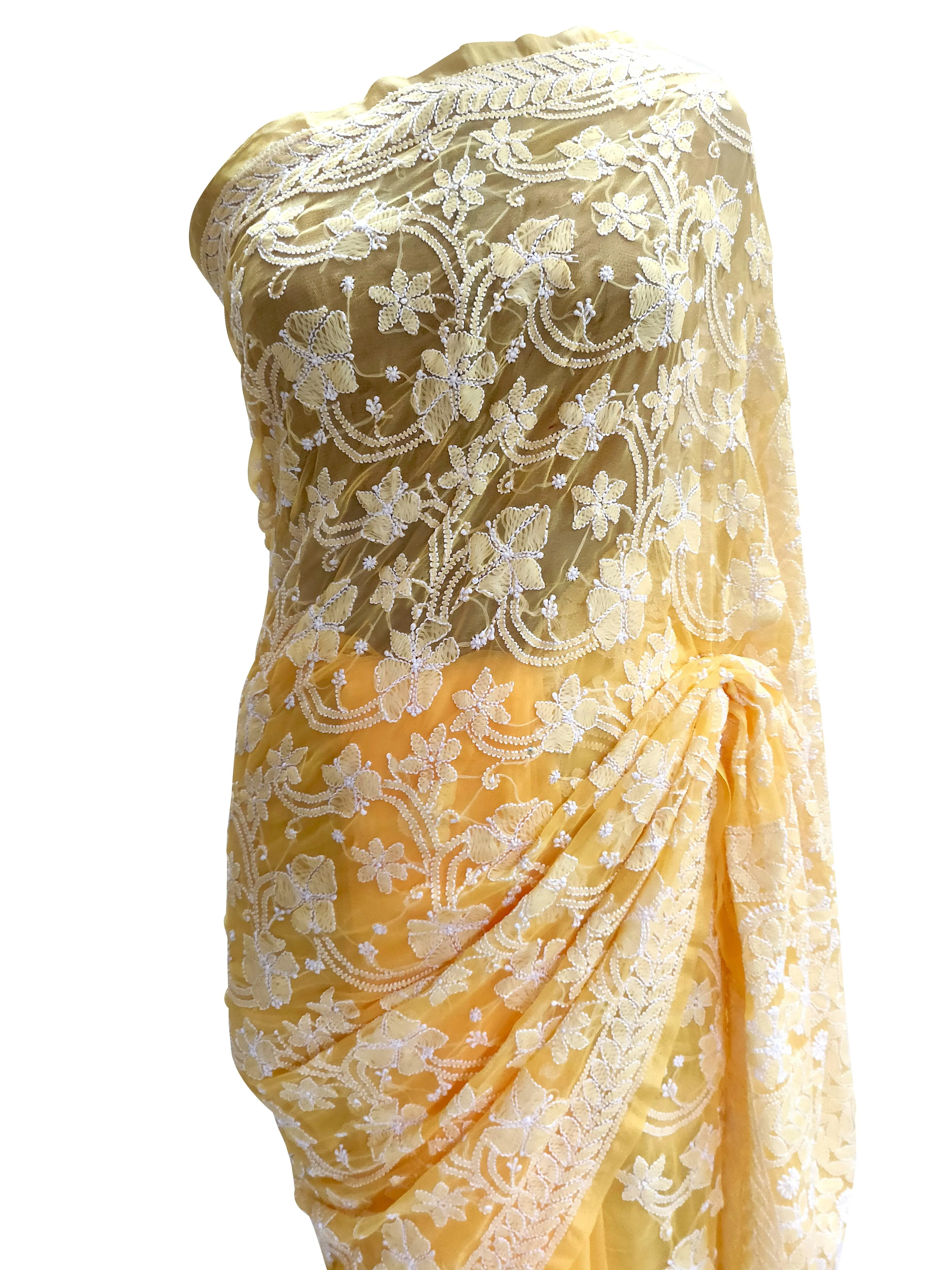 Hand Embroidered Heavy Chikankari Yellow Chiffon Saree CK24