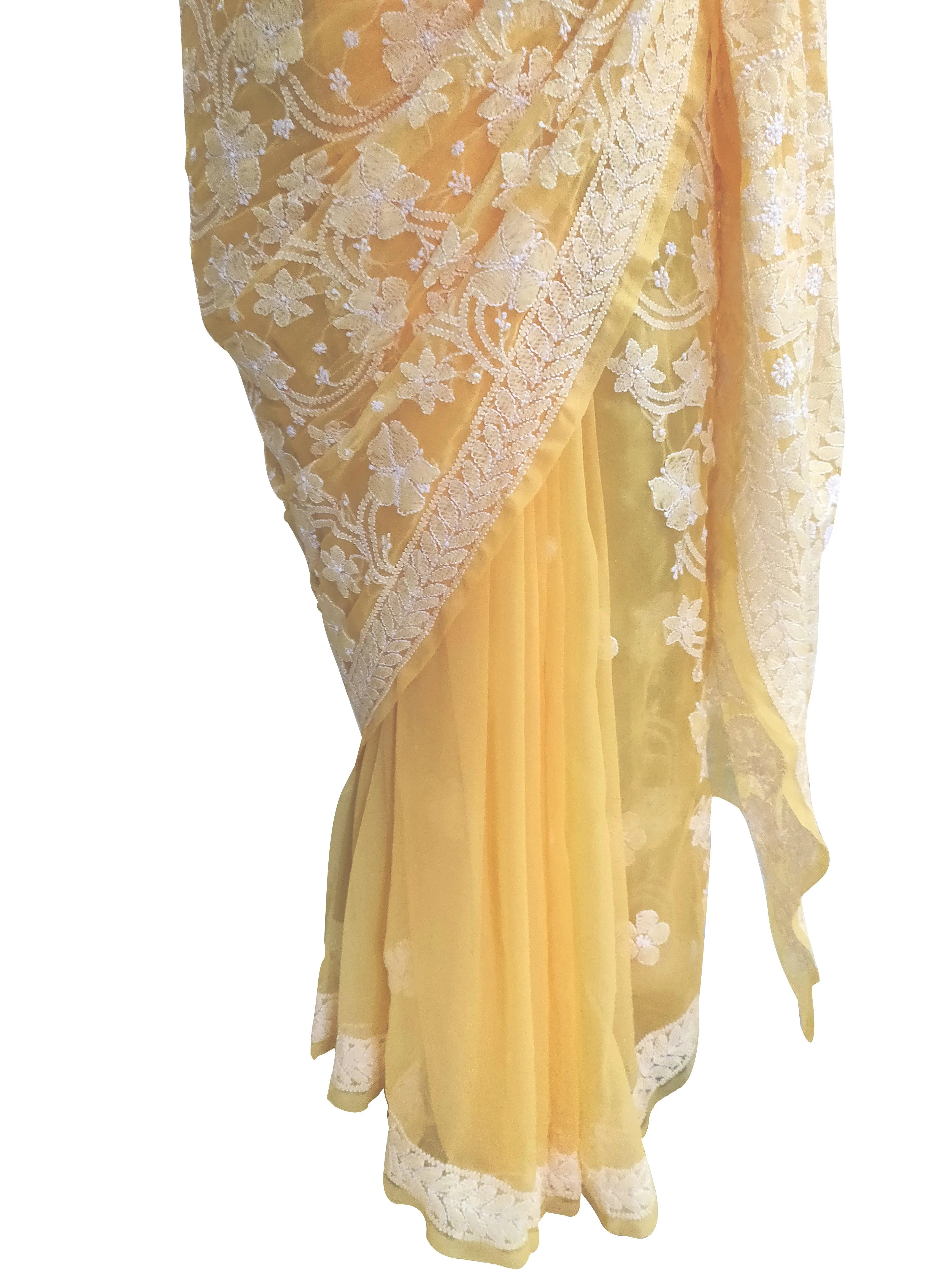 Hand Embroidered Heavy Chikankari Yellow Chiffon Saree CK24