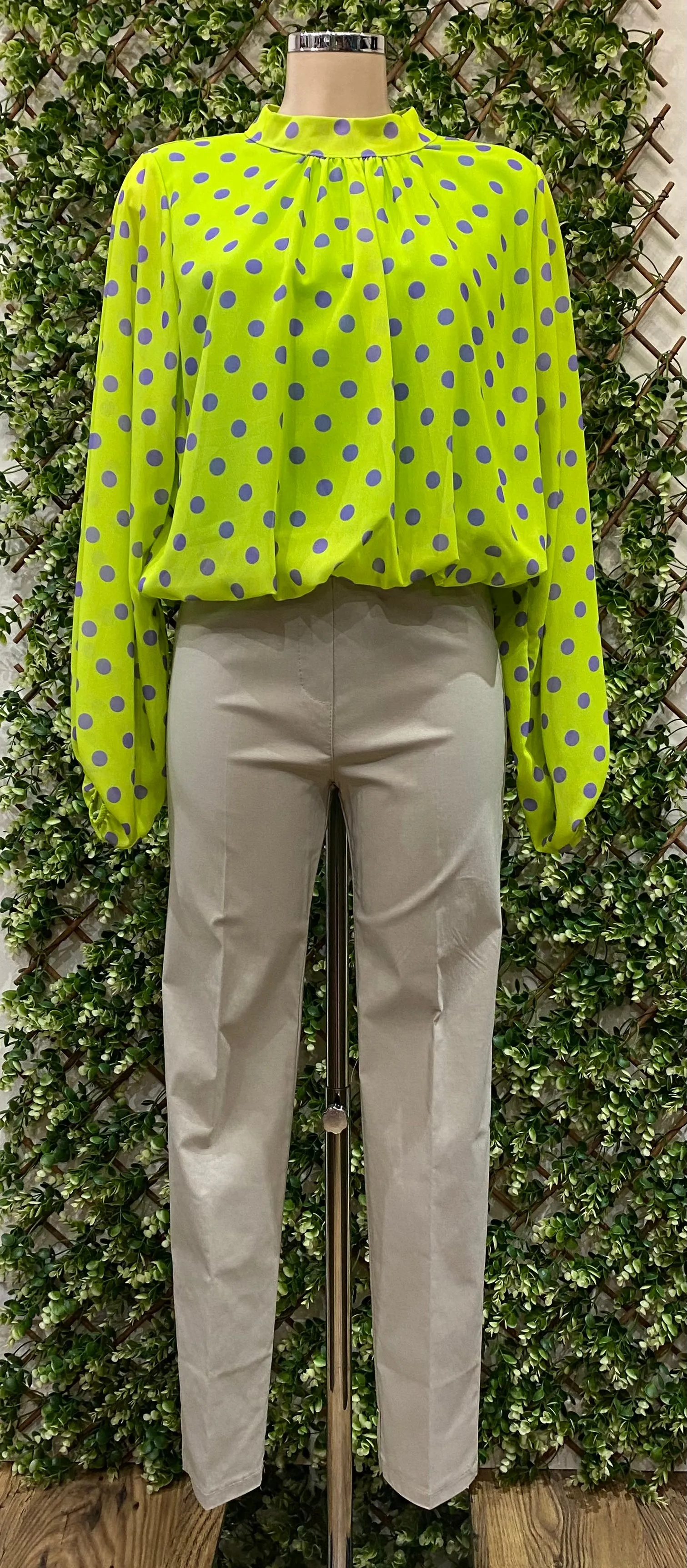 High Neck Bubble Hem Dotty Print Chiffon Blouse ( 2 Colours )