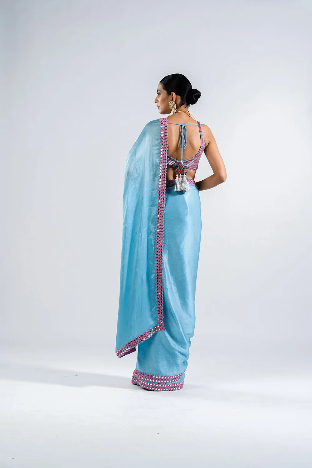 Ice Blue Satin Chiffon Saree Set