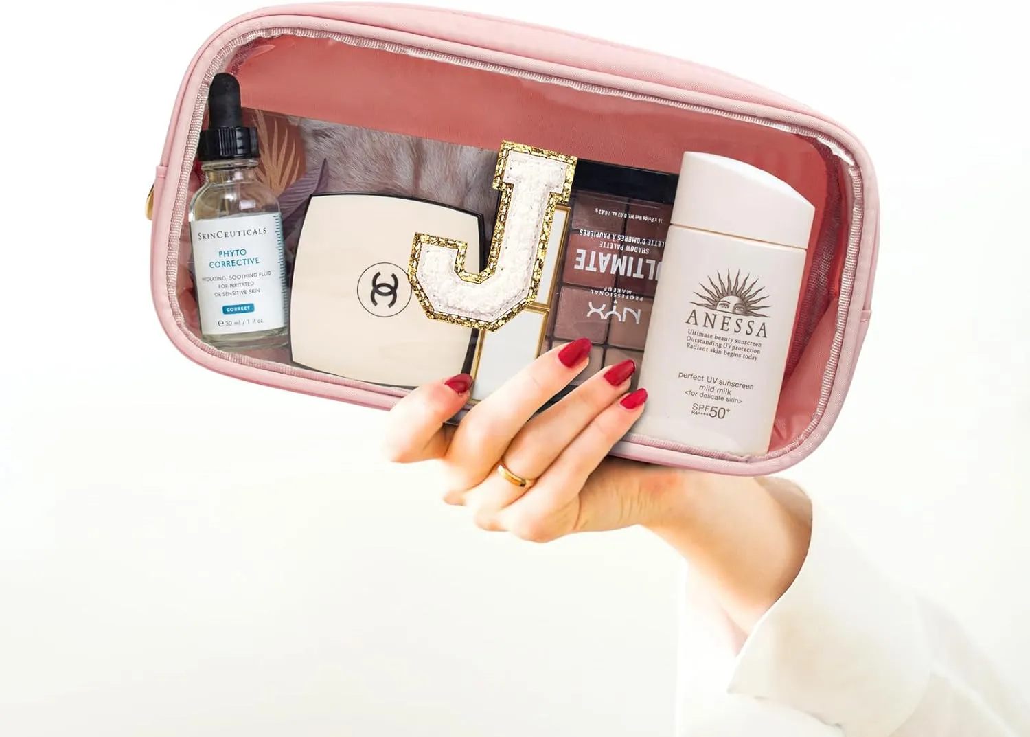 Initial Clear Makeup Bag Make Up Bag Travel Toiletry Bag Preppy Cosmetic Bags Organizer Travel Essentials Pink Gifts for Women Teen Girlfriend Teacher Mom Brithday Gifts Clear Toiletry Bag (Pink, J)