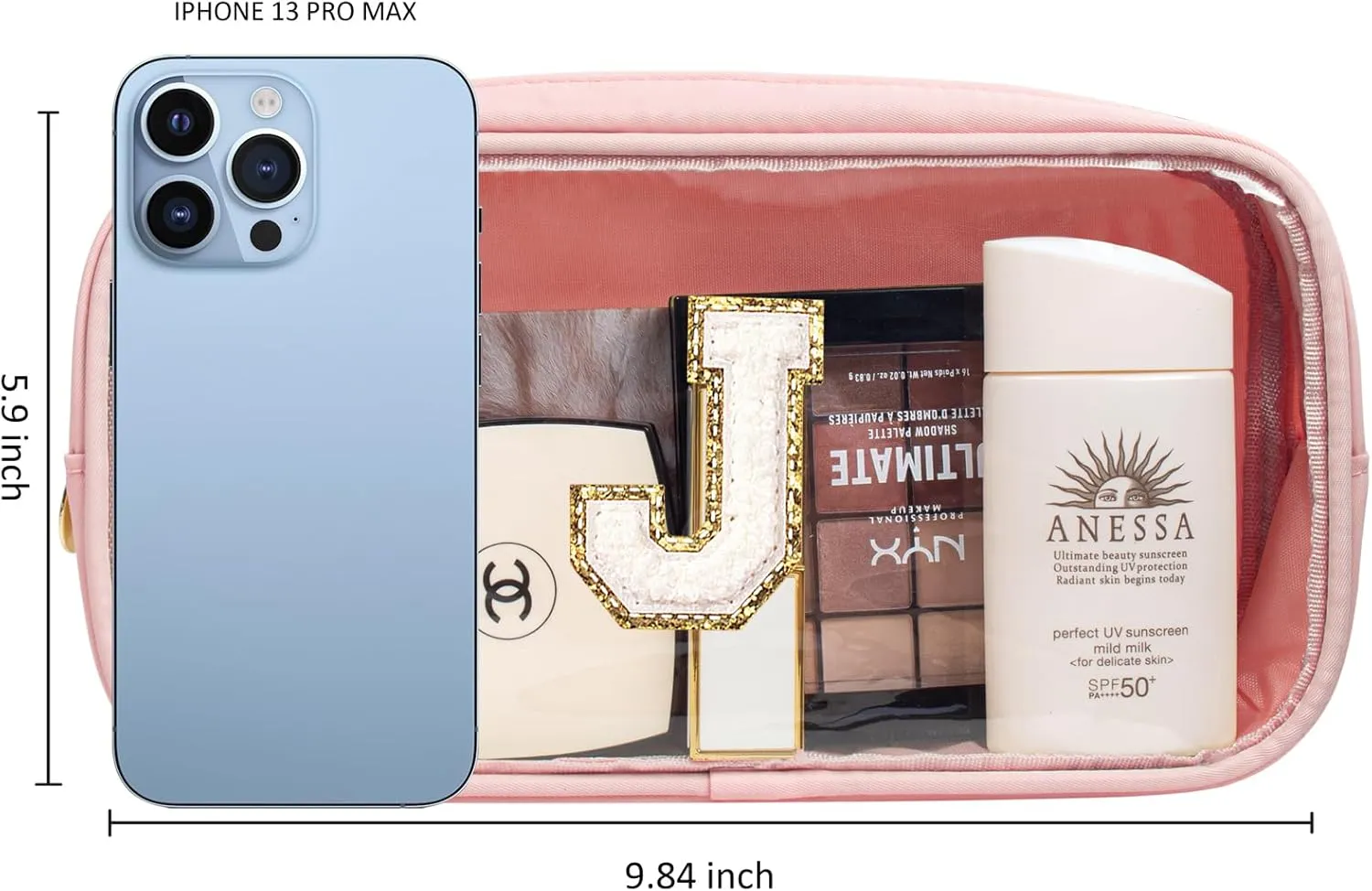 Initial Clear Makeup Bag Make Up Bag Travel Toiletry Bag Preppy Cosmetic Bags Organizer Travel Essentials Pink Gifts for Women Teen Girlfriend Teacher Mom Brithday Gifts Clear Toiletry Bag (Pink, J)