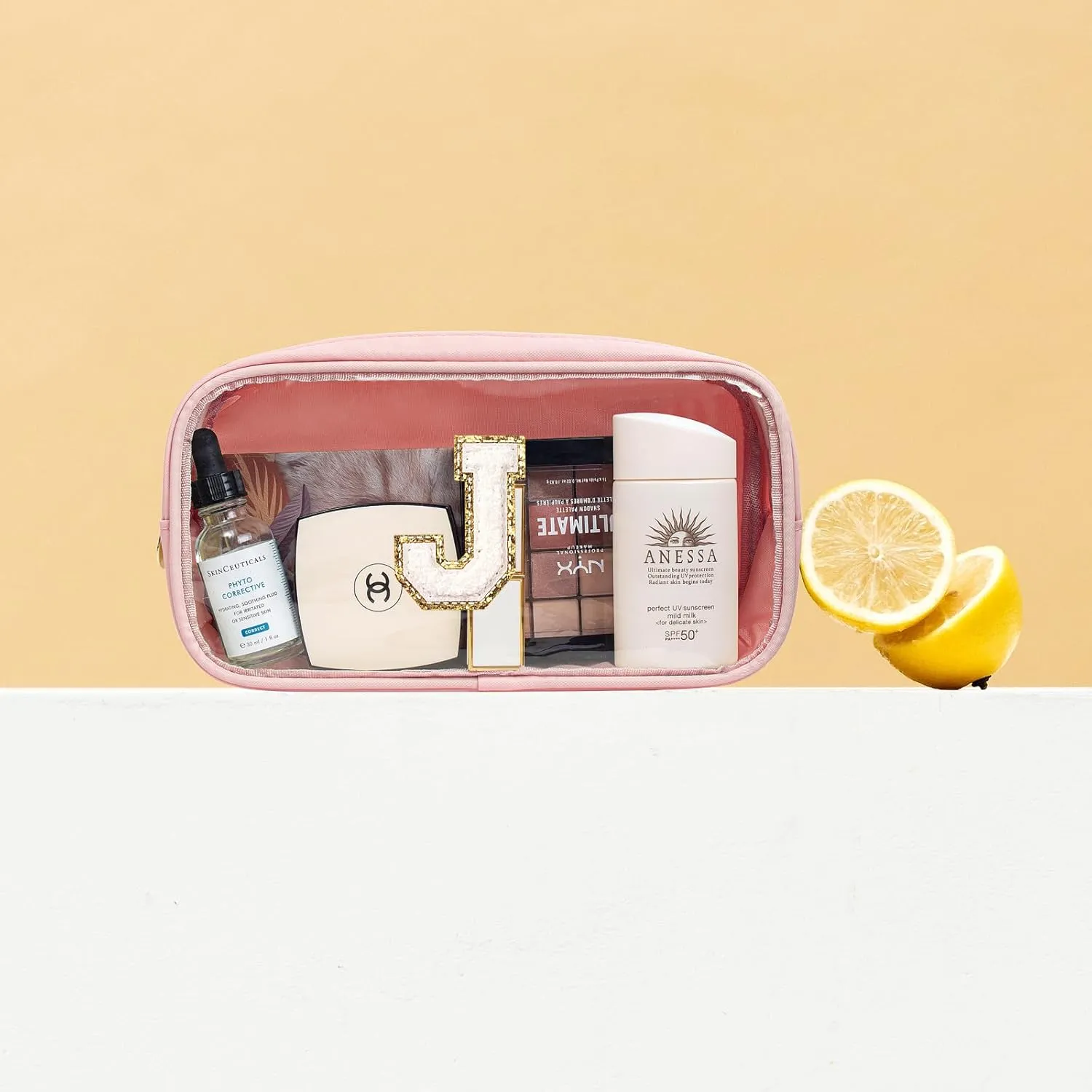 Initial Clear Makeup Bag Make Up Bag Travel Toiletry Bag Preppy Cosmetic Bags Organizer Travel Essentials Pink Gifts for Women Teen Girlfriend Teacher Mom Brithday Gifts Clear Toiletry Bag (Pink, J)