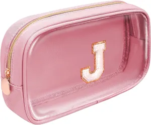 Initial Clear Makeup Bag Make Up Bag Travel Toiletry Bag Preppy Cosmetic Bags Organizer Travel Essentials Pink Gifts for Women Teen Girlfriend Teacher Mom Brithday Gifts Clear Toiletry Bag (Pink, J)