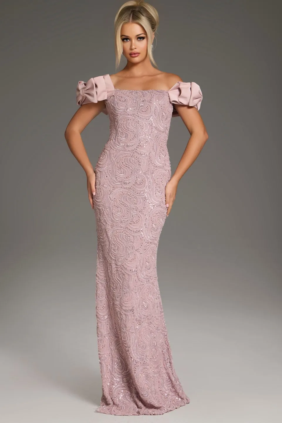 Jovani - 38112 - Beaded Pattern Sheath Gown with Cap Sleeves